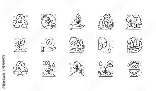 A set of eco-friendly vector icons illustrating environmental conservation and sustainability