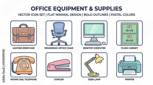 Office Equipment Vector Icon Pack – Briefcase, Ergonomic Chair, Desktop Computer, Filing Cabinet, Telephone, Stapler, Desk Lamp, Printer – Workplace Tools Cartoon Vector Illustrations
