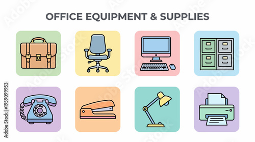 Office Equipment Vector Icon Pack – Briefcase, Ergonomic Chair, Desktop Computer, Filing Cabinet, Telephone, Stapler, Desk Lamp, Printer – Workplace Tools Cartoon Vector Illustrations