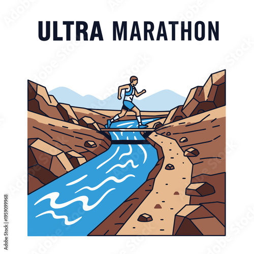 Extreme Marathon Runner Crossing Bridge Over Blue River In Mountainous Terrain