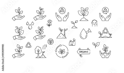 A collection of eco-friendly icons and illustrations for sustainable design