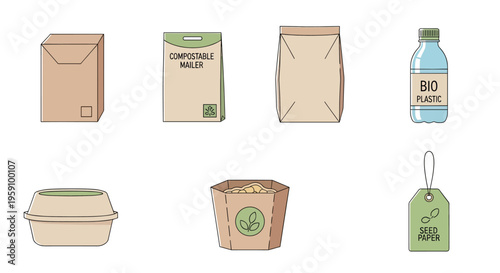 A collection of 2D flat-style icons representing various types of food packaging, including paper bags, takeaway boxes, and containers. Ideal for food delivery apps, catering services, and sustainable