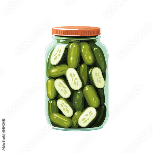 A clean 2D vector illustration of a glass jar filled with green pickled cucumbers. This flat-design asset is perfect for culinary apps, food blog graphics, and grocery store marketing.