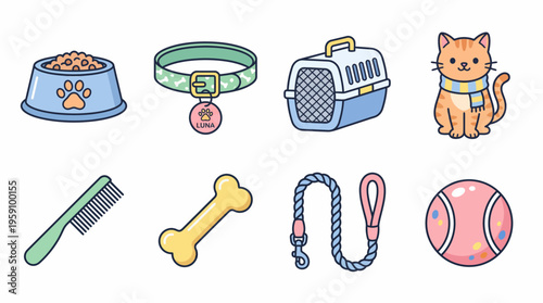 Pet Care Vector Icon Pack – Cat, Food Bowl, Collar, Carrier, Chew Toy, Comb, Leash, Ball, Accessories – Cartoon Animal Supplies and Pet Vector Illustrations