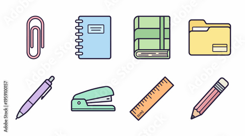 Office Equipment Vector Icon Pack – Briefcase, Ergonomic Chair, Desktop Computer, Filing Cabinet, Telephone, Stapler, Desk Lamp, Printer – Workplace Tools Cartoon Vector Illustrations
