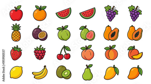 Colorful Cartoon Fruit Vector Icon Pack – Citrus, Tropical, Exotic Fruits Illustrations – Watermelon, Mango, Durian, Grapes, Strawberry, Apple, Banana, Peach, Lemon Vector