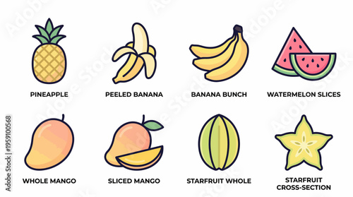 Colorful Cartoon Fruit Vector Icon Pack – Citrus, Tropical, Exotic Fruits Illustrations – Watermelon, Mango, Durian, Grapes, Strawberry, Apple, Banana, Peach, Lemon Vector