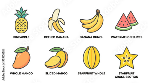 Colorful Cartoon Fruit Vector Icon Pack – Citrus, Tropical, Exotic Fruits Illustrations – Watermelon, Mango, Durian, Grapes, Strawberry, Apple, Banana, Peach, Lemon Vector