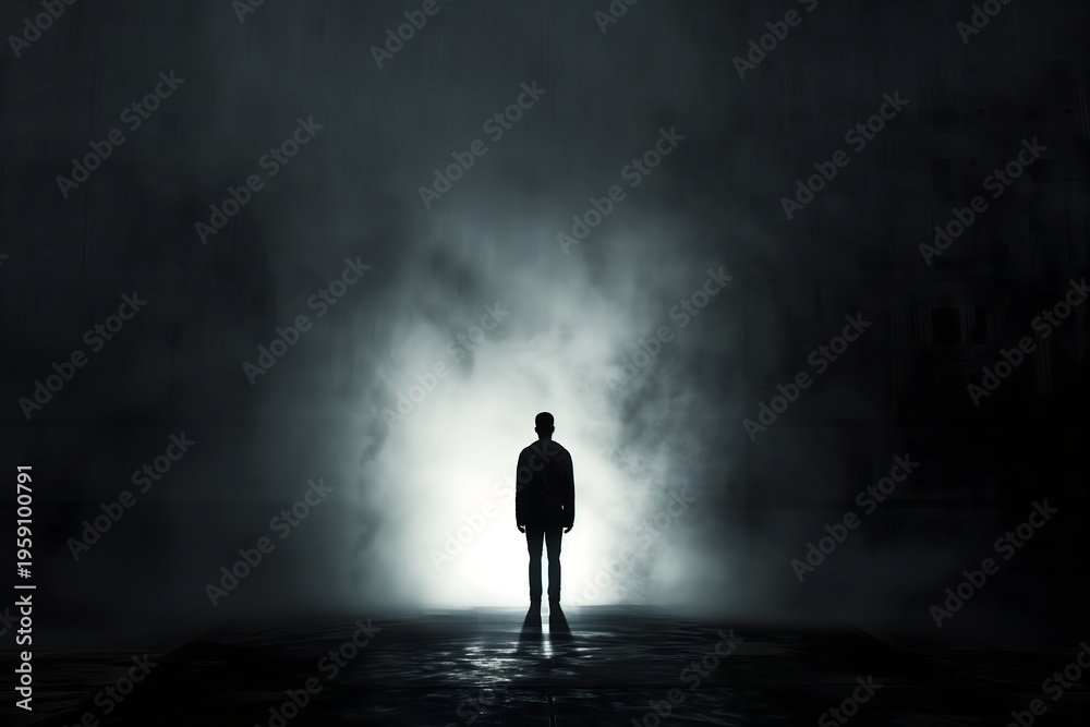 Obraz premium Silhouette of a person standing in front of glowing light in dark fog, mystery and hope concept