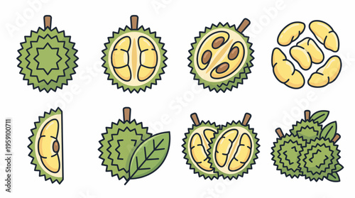 Colorful Cartoon Fruit Vector Icon Pack – Citrus, Tropical, Exotic Fruits Illustrations – Watermelon, Mango, Durian, Grapes, Strawberry, Apple, Banana, Peach, Lemon Vector