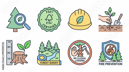 Forest Conservation Vector Icon Pack – Sustainable Forestry, Eco Protection, Tree Planting, Fire Prevention, No Illegal Logging, FSC Certification, Environmental Awareness, Green Nature Vector 