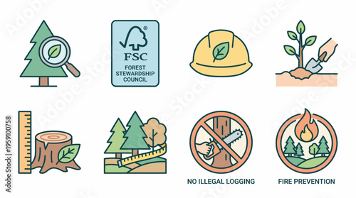 Forest Conservation Vector Icon Pack – Sustainable Forestry, Eco Protection, Tree Planting, Fire Prevention, No Illegal Logging, FSC Certification, Environmental Awareness, Green Nature Vector 