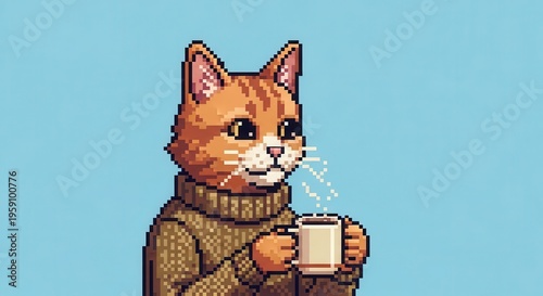 Anthropomorphic feline character dressed in knitwear holds a steaming beverage cup against a pale blue backdrop