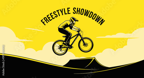 Freestyle Showdown: A Dynamic Image Showcasing Mountain Biking Action And Bold Graphics