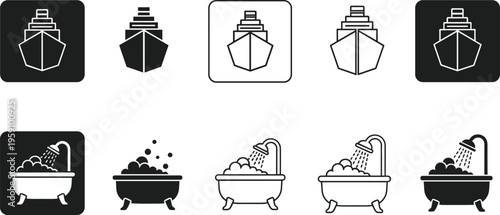 Bathroom and Shower Icon Set Featuring Bathtub with Foam, Running Water, Shower Head and Perfume Bottle Symbols in Solid and Outline Style Collection