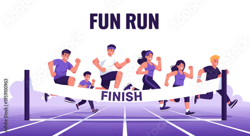 Fun Run Illustration: People Racing and Breaking Through the Finish Line Together