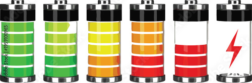 Battery Charge Level Indicator Vector Set Showing Full to Empty Power Levels with Green, Yellow, Red Energy Bars and Low Battery Warning Symbol Design