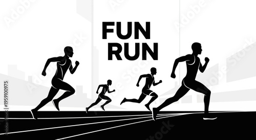 Fun Run Silhouette Depicting Runners in Motion on a Track with Urban Background