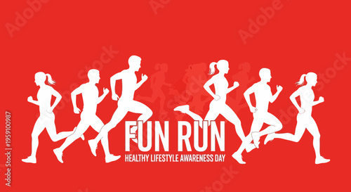 Fun Run Silhouette On Red Background For Healthy Lifestyle Awareness Day