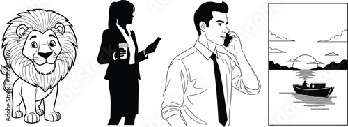 Black and White Illustration Collection Featuring Lion Cartoon Business Woman Silhouette Man Talking on Phone and Scenic Boat Landscape Vector Design Set