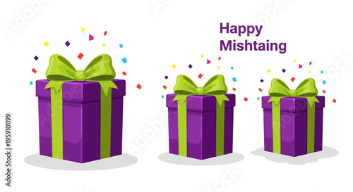 Three purple gifts with green bows and colorful confetti celebrate a special occasion happily