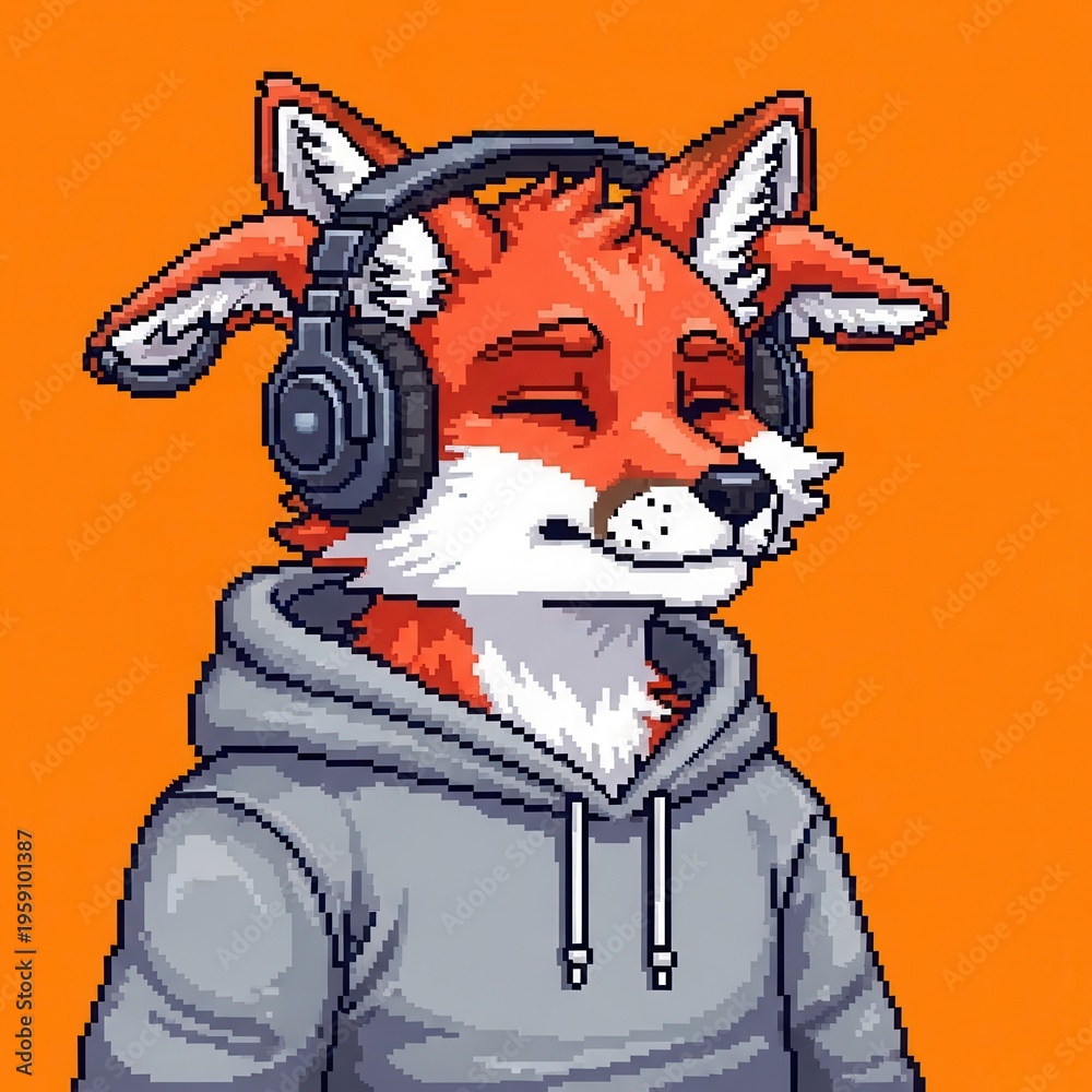 Fototapeta premium Anthropomorphic fox character enjoying music through over-ear headphones while wearing a hooded sweatshirt