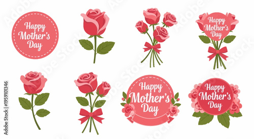 Mother's Day stickers and rose illustrations in pink hues for celebration