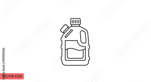 Plastic Bottle Icon with Handle and Label, Vector Line Art
