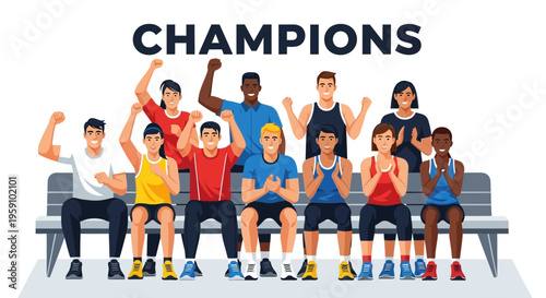 Group Of Diverse People Celebrates Triumphantly, Champions With Joy, Vector Illustration