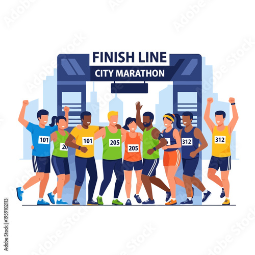 Group Of Diverse Marathon Runners Celebrating Victory At The Finish Line Of A City Race