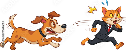 Funny cartoon dog chasing cat in business suit, dynamic vector illustration of pet rivalry with running characters and humorous action scene