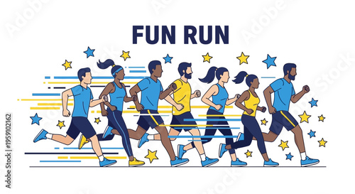 Group Of People Running In A Fun Run Concept With Colorful Elements