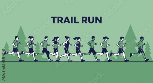 Group Of People Running Trail Run In Nature Silhouette Sport Illustration With Evergreen Trees