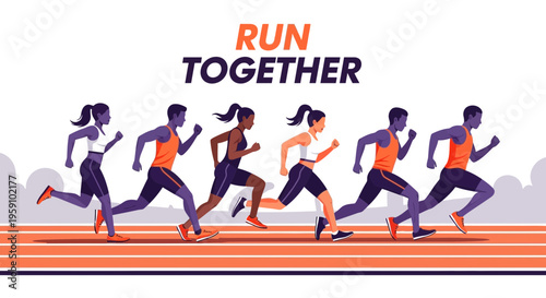 Group Of People Run Together On Track, Running For Fitness, Sports, and Wellness Concepts