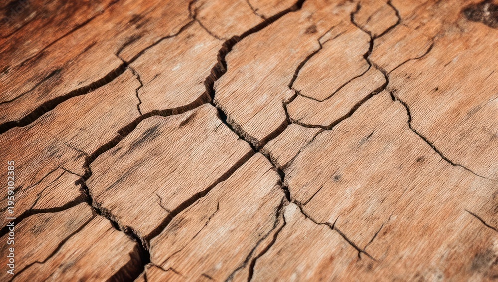 Fototapeta premium Close-up of weathered wood surface with prominent cracks and intricate natural patterns