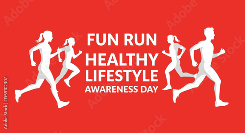 Healthy Lifestyle and Fun Run Event Illustration with Energetic People Running on Red Background
