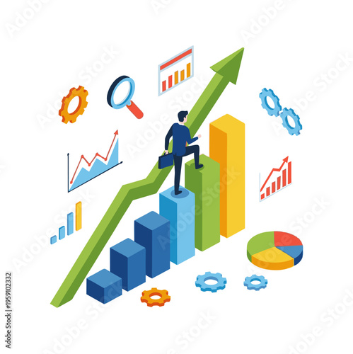 Wallpaper Mural Businessman climbing growth chart with financial data elements. Torontodigital.ca