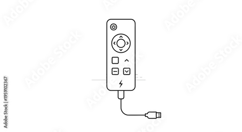 Modern remote control with USB charging cable, minimalist line art illustration