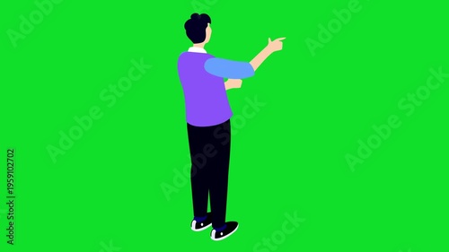 Animated 3D Cartoon Businessman Character Seen from Behind Pointing Forward 4K stock animation video on green screen for chroma key background in video editing.
