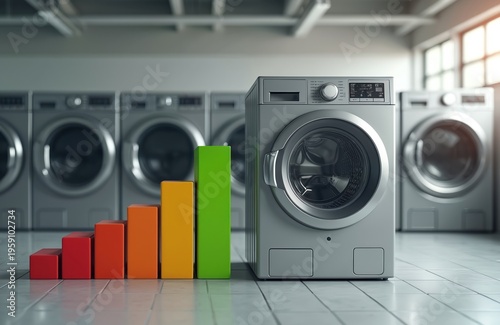 Energy efficient washing machines show growth chart. Modern appliance saves money over time. Choose green tech for lower bills, better planet.
