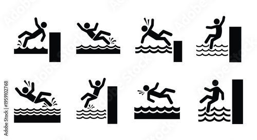 Black stick figures depict various jumping and falling poses into water