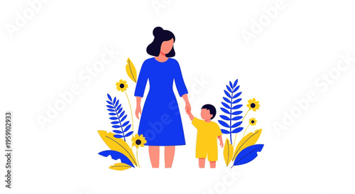 Mother and child standing together surrounded by colorful flowers and leaves happily