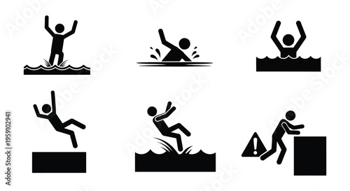 Black stick figures depict various jumping and falling poses into water