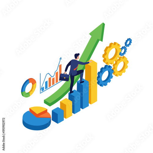 Wallpaper Mural Businessman climbing growth chart with financial data and gears. Torontodigital.ca