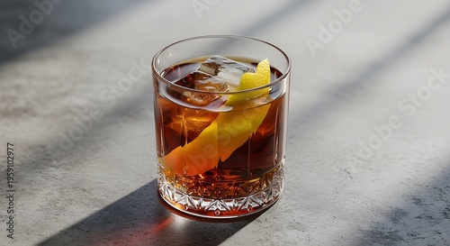 A Classic Cocktail in a Patterned Glass with Ice and Citrus Garnish