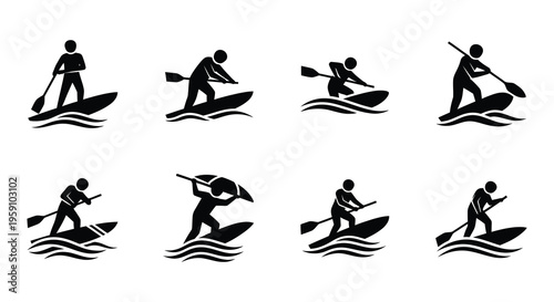 Black silhouettes depicting various water sports and recreational activities