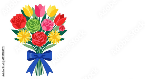 Colorful bouquet of roses and tulips with a blue bow on a white background