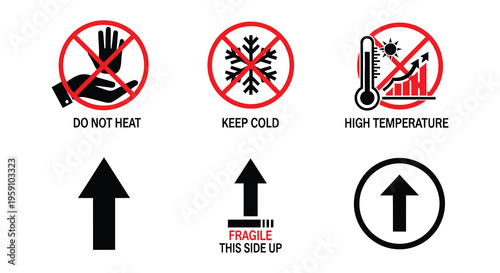 Warning labels depicting handling restrictions and proper package orientation