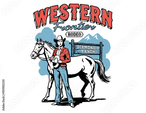 Western Frontier Rodeo cowgirl with horse and ranch sign, vintage wild west mascot vector illustration for t-shirt design
