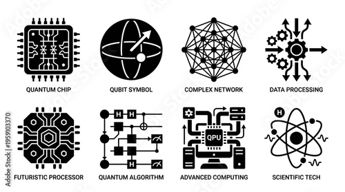 Quantum Computing & Advanced Tech Vector Icon Set – Scientific Vectors Featuring Quantum Chips, Qubits, Algorithms, Data Processing, Networks, Futuristic Processors, and Scientific Tools